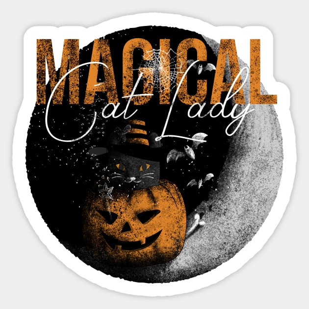 Magical Cat Lady On Vintage Halloween Pumpkin Sticker by Rishirt